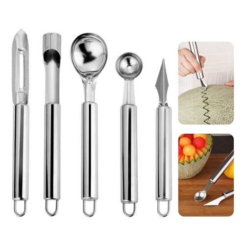 YIHAOH 5 Stück Multifunktionales Apfelentkerner, Melonenausstecher Kugeln aus Edelstahl, Kugelausstecher zum Schnitzen von Obst und Gemüse, Geeignet für Obstteller, Eiscreme, Gemüsesalate von YIHAOH