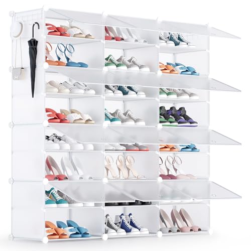 YIHATA Schuhregal für 48 Paar Schuhe Schuhschrank mit 3 x 8 Stufiger, Schmal, Staubdichter Kunststoff Schuhregale für Flur Schlafzimmer Eingang, mit Türen 30 x 40 x 30 cm pro Fach, Weiß von YIHATA