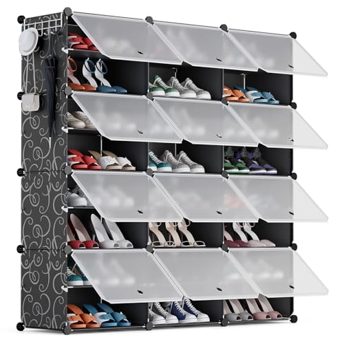 YIHATA Schuhregal für 48 Paar Schuhe Schuhschrank mit 3 x 8 Stufiger, Schmal, Staubdichter Kunststoff Schuhregale für Flur Schlafzimmer Eingang, mit Türen 30 x 40 x 30 cm pro Fach, Schwarz von YIHATA