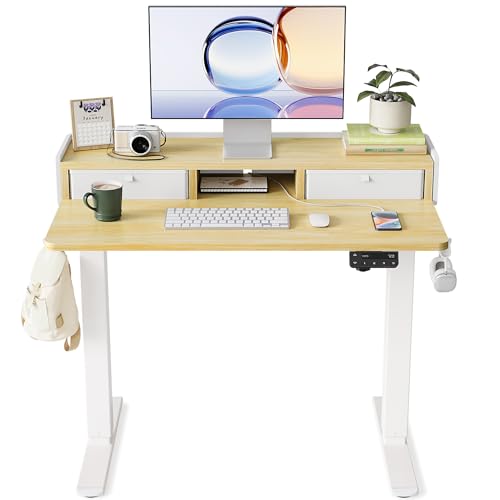 YIHAYO Höhenverstellbarer Schreibtisch mit Schubladen und Monitorständer 100x60 cm, Elektrischer Schreibtisch Stehschreibtisch mit Memory Funktion, Natural von YIHAYO