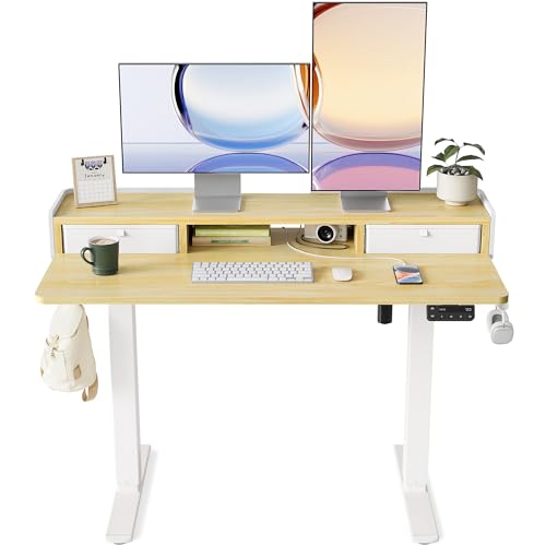 YIHAYO Höhenverstellbarer Schreibtisch mit Schubladen und Monitorständer 120x60 cm, Elektrischer Schreibtisch Stehschreibtisch mit Memory Funktion, Natural von YIHAYO