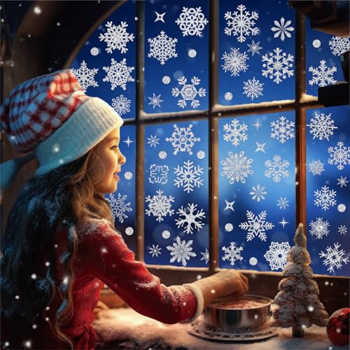 YIHELU Fensterbild Weihnachten Silber Weiß Große Schneeflocken mit Glitzer Silberpulver, Heller und Auffälliger, Abnehmbare Schneeflocken Fensterdeko Aufkleber Deko Fenster für Winter Weihnachts von YIHELU