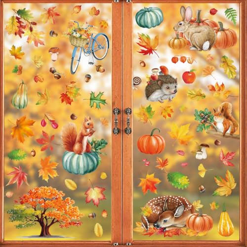 YIHELU Fensterbilder Herbst selbstklebend, Herbstdeko Fenster Aufkleber doppelseitig Fensteraufkleber, Wiederverwendbare ohne Kleber Fensterdeko für Thanksgiving Fenster Deko von YIHELU