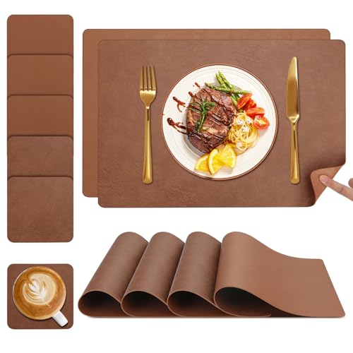 YIHELU Tischsets Abwaschbar und Untersetzer 6er Set, Platzsets Abwaschbar Doppelseitigen Kunstleder rutschfest & Einfache Reinigung, Lederoptik Platzdeckchen Abwischbar für Küche & Esszimmer von YIHELU