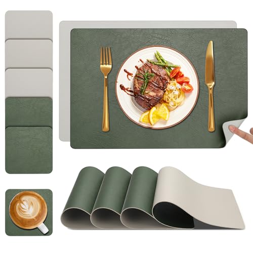 YIHELU Tischsets Abwaschbar und Untersetzer 6er Set, Platzsets Abwaschbar Doppelseitigen Kunstleder rutschfest & Einfache Reinigung, Lederoptik Platzdeckchen Abwischbar für Küche & Esszimmer von YIHELU
