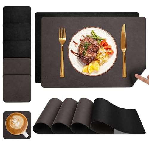 YIHELU Tischsets Abwaschbar und Untersetzer 6er Set, Platzsets Abwaschbar Doppelseitigen Kunstleder rutschfest & Einfache Reinigung, Lederoptik Platzdeckchen Abwischbar für Küche & Esszimmer von YIHELU