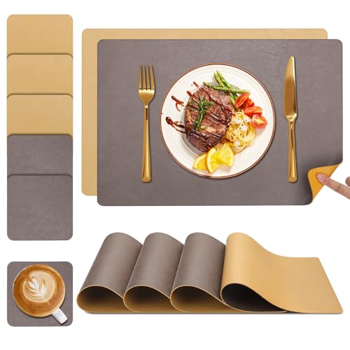 YIHELU Tischsets Abwaschbar und Untersetzer 6er Set, Platzsets Abwaschbar Doppelseitigen Kunstleder rutschfest & Einfache Reinigung, Lederoptik Platzdeckchen Abwischbar für Küche & Esszimmer von YIHELU