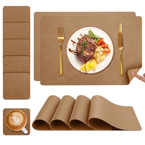 YIHELU Tischsets Abwaschbar und Untersetzer 6er Set, Platzsets Abwaschbar Doppelseitigen Kunstleder rutschfest & Einfache Reinigung, Lederoptik Platzdeckchen Abwischbar für Küche & Esszimmer von YIHELU