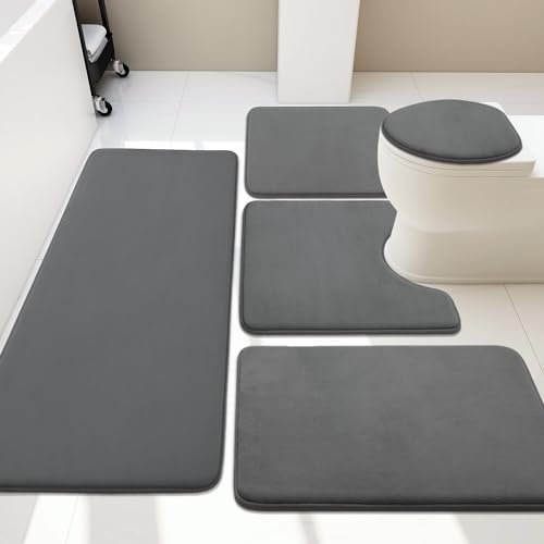 YHOUSE 5-teiliges Badematten-Set aus Memory-Schaum, super saugfähige Badematten – rutschfest & waschbar, trocknet schnell in Dunkelgrau von YIHOUSE
