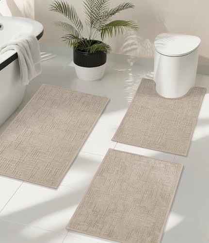 YIHOUSE Badezimmerteppich-Set, 3-teilig, rutschfest, schnell trocknend, saugfähig, ultradünn, maschinenwaschbar, niedriger Flor, 3-teilig, Badematte für Waschbecken, Beige YIHOUSE Badezimmerteppich-Set, 3-teilig, rutschfest, schnell trocknend, saugfähig, ultradünn, maschinenwaschbar, niedriger Flor, 3-teilig, Badematte für Waschbecken, Beige von YIHOUSE