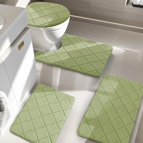 YIHOUSE Badezimmerteppich-Set, 4-teilig, rutschfeste Memory-Schaum-Badezimmerteppiche, maschinenwaschbar, Badezimmermatten-Set, wasserabsorbierende Badematte für Toilette und Boden (grün) von YIHOUSE