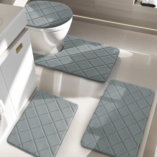 YIHOUSE Badezimmerteppich-Set, 4-teilig, rutschfeste Memory-Schaum-Badezimmerteppiche, maschinenwaschbar, wasserabsorbierender Badteppich für Badewanne, Toilette und Boden (hellgrau) von YIHOUSE