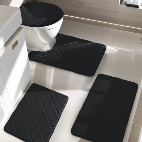 YIHOUSE Badezimmerteppich-Set, rutschfest, Memory-Schaum, maschinenwaschbar, Badezimmermatten-Set, wasserabsorbierend, Badteppich-Set für Badewanne, WC und Boden, Schwarz von YIHOUSE