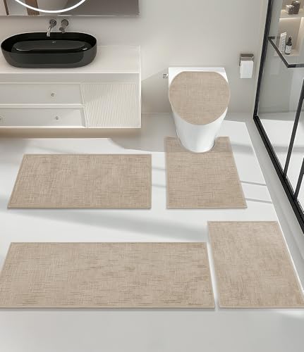 YIHOUSE Badezimmerteppich-Set, 5-teilig, rutschfest, schnell trocknend, saugfähig, ultradünn, maschinenwaschbar, niedriger Flor, 5-teilig, Badematte für Waschbecken, Beige YIHOUSE Badezimmerteppich-Set, 5-teilig, rutschfest, schnell trocknend, saugfähig, ultradünn, maschinenwaschbar, niedriger Flor, 5-teilig, Badematte für Waschbecken, Beige von YIHOUSE