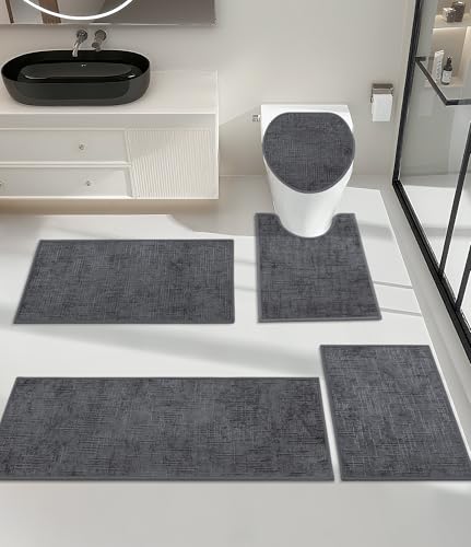 YIHOUSE Badezimmerteppich-Set, 5-teilig, rutschfest, schnell trocknend, saugfähig, ultradünn, maschinenwaschbar, niedriger Flor, 5-teilig, Badematte für Waschbecken, Grau von YIHOUSE