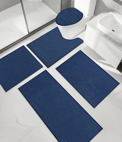 YIHOUSE Badezimmerteppich-Set, 5-teilig, ultradünn, schnell trocknend, Badematte für Badezimmer, waschbar, rutschfeste Gummi-Unterseite, Badematten-Set, Dunkelblau von YIHOUSE