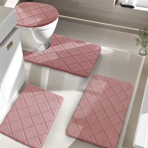 YIHOUSE Badezimmerteppich-Set, rutschfest, Memory-Schaum, maschinenwaschbar, Badteppich-Set, wasserabsorbierend, Rosa, 4-teilig von YIHOUSE
