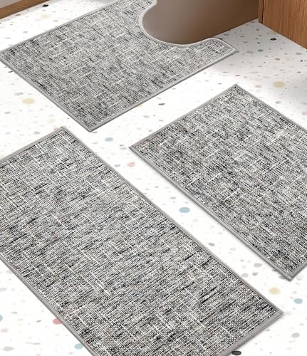 YIHOUSE Badezimmerteppich-Set, ultradünn, rutschfest, waschbar, saugfähig, schnell trocknend, Badematten für Badezimmerboden, Grau, 3-teilig YIHOUSE Badezimmerteppich-Set, ultradünn, rutschfest, waschbar, saugfähig, schnell trocknend, Badematten für Badezimmerboden, Grau, 3-teilig von YIHOUSE