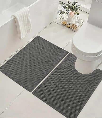 YIHOUSE Badezimmerteppich-Set, ultradünn, schnell trocknend, saugfähig, Badematte für Badezimmer, rutschfest, maschinenwaschbar, Badteppich (dunkelgrau), 2-teilig von YIHOUSE