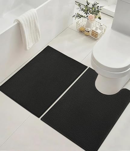YIHOUSE Badezimmerteppich-Set, ultradünn, schnell trocknend, saugfähige Badematte für Badezimmer, rutschfest, maschinenwaschbar, Badteppich, 2 Stück, Schwarz von YIHOUSE