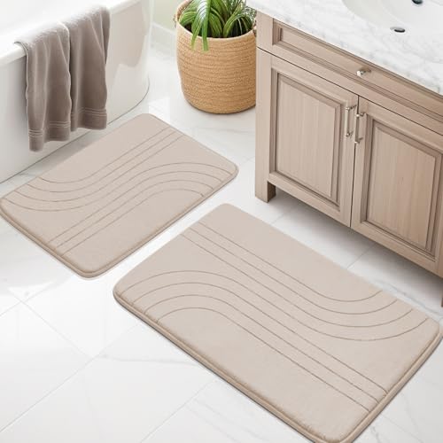 YIHOUSE Badezimmerteppich-Set, weich, rutschfest, Memory-Schaum, extra dicke Badematten für Badezimmer, maschinenwaschbar, Badteppich-Set für Badewanne, WC und Boden, Beige, 2-teilig von YIHOUSE