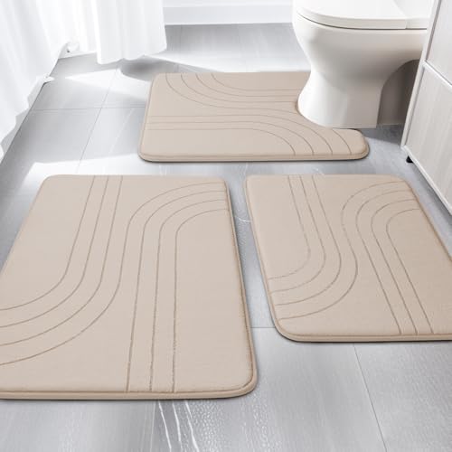 YIHOUSE Badezimmerteppich-Set, weich, rutschfest, Memory-Schaum, extra dicke Badematten für Badezimmer, maschinenwaschbar, Badteppich-Set für Badewanne, WC und Boden, Beige, 3-teilig YIHOUSE Badezimmerteppich-Set, weich, rutschfest, Memory-Schaum, extra dicke Badematten für Badezimmer, maschinenwaschbar, Badteppich-Set für Badewanne, WC und Boden, Beige, 3-teilig von YIHOUSE