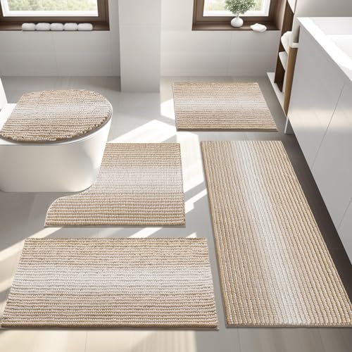 YIHOUSE Chenille-Badezimmerteppich-Set, Beige, 5-teilig von YIHOUSE