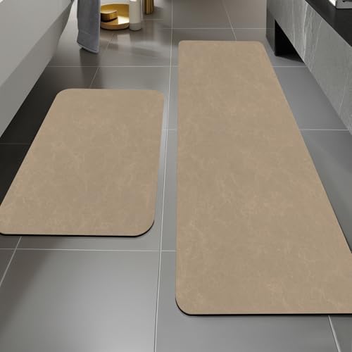 YIHOUSE Khaki-Badematten-Set, 2-teilig, braun, ultradünn, rutschfest, schnell trocknend, saugfähige Gummi-Badematten für Badezimmer, Boden, Dusche von YIHOUSE
