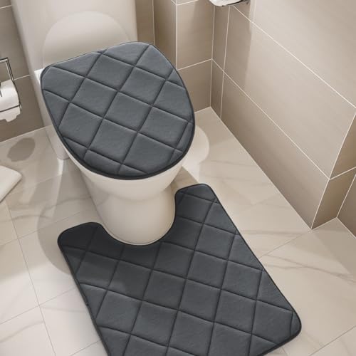 YIHOUSE Memory Foam Badezimmerteppich-Set, ultraweiche Badematten für Badezimmerboden, 2er-Set, WC-Deckelbezug-Set mit U-förmigem WC-Vorleger für Badezimmer, Dusche und Badewanne (Dunkelgrau) von YIHOUSE