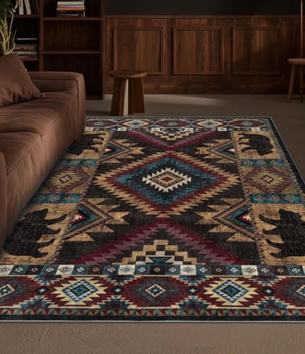 YIHOUSE Rustikaler Hüttenteppich, maschinenwaschbar, Lodge-Bär-Teppich, rutschfest, Niederflor-Muster, Western-Azteken-Teppich für Wohnzimmer, Schlafzimmer YIHOUSE Rustikaler Hüttenteppich, maschinenwaschbar, Lodge-Bär-Teppich, rutschfest, Niederflor-Muster, Western-Azteken-Teppich für Wohnzimmer, Schlafzimmer von YIHOUSE