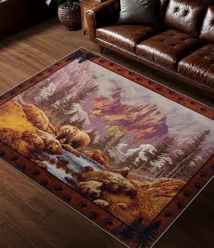 YIHOUSE Rustikaler Teppich für Schlafzimmer, 12,7 x 17,8 cm, maschinenwaschbar, Waldbär-Teppich, rutschfest, Niederflor-Muster, Bergteppich für Wohnzimmer von YIHOUSE