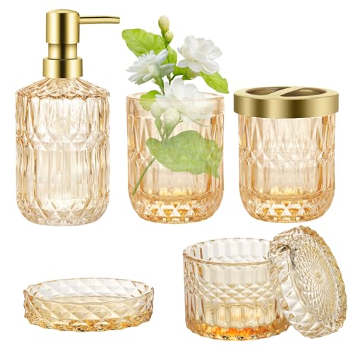 5-teiliges Badezimmer-Set, Glas Badezimmerzubehör, Moderne Seifenspender Set, Seifenschale, Zahnbürstenhalter, Wattestäbchen Kanister, Becher (Goldene) von YIK TUNG