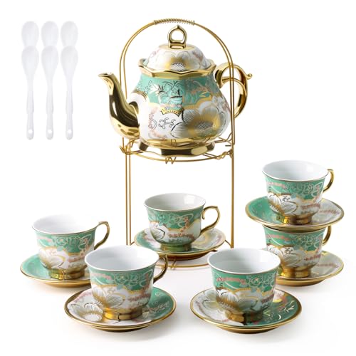 Porzellan-Teeset mit Metallhalter, Keramik-Teetassen-Set für 6 Personen, Blumen-Teeset für Frauen und Erwachsene, 1100 ml Teekanne, 220 ml Teetasse, Tee-Geschenk-Sets für Zuhause, Party, Hochzeit, 20 von YIK TUNG
