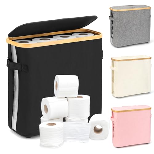 Toilettenpapier Aufbewahrungskorb, Toilet Paper Behälter mit Deckel, Badezimmer Aufbewahrungsbox, Bambus Toilettenpapierkorb mit Griff für Klopapierrolle (Schwarz) von YIK TUNG