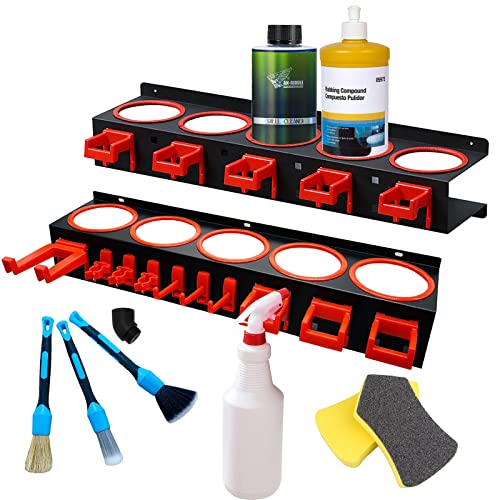 YIK TUNG Dosenhalter für Sprühflaschen, 2PCS Sprühflaschen Halter mit Aufhängehaken & Auto Reinigungsbürsten Kits, Garagenwandregale, 5 Schlitzen Sprühdosenhalter für Garage Geschäft und Zuhause von YIK TUNG