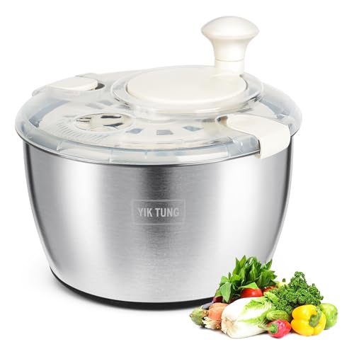 YIK TUNG Salatschleuder Edelstahl 4.8 Liter Salad Spinner mit transparentem Deckel und rutschfestem Boden, Spülmaschinengeeignet von YIK TUNG