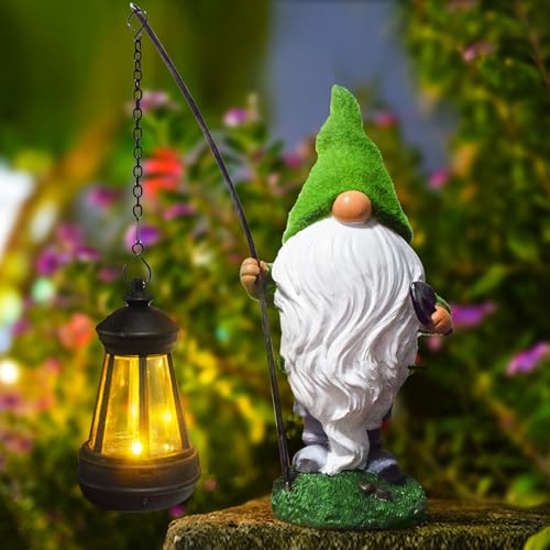 YIKEDAN Lustig Gartenzwerg Gartendeko für Draußen, 30cm Harz Zwerg Figure mit Solar Laterne Gartenfiguren für Außen, Gartenwichtel Gartendeko für Balkon, Grün GNOME von YIKEDAN