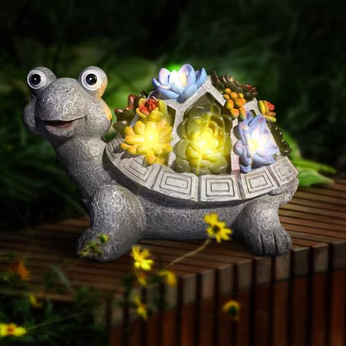 YIKEDAN Solar Gartenfiguren Schildkröte mit Sukkulenten und 7 LED Leuchten, Gartendeko für Draußen, Harz Solar Schildkröten Gartenfigur Gartenstatuen für Terrasse, Balkon… von YIKEDAN