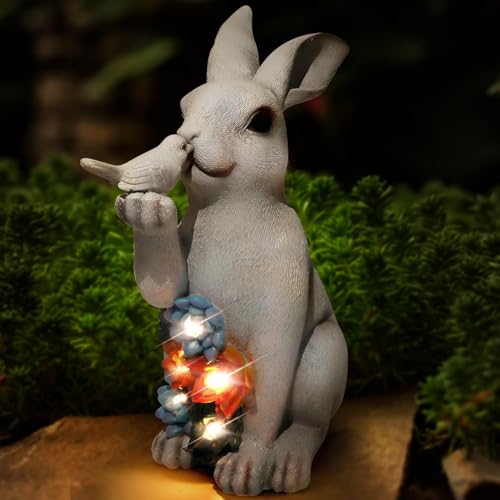 YIKEDAN Solar Kaninchen Gartenfiguren mit Sukkulenten Solarlampe, Solar Hase Gartendeko für Draußen, Harz Sitzender Bunny hält Vogel Gartenfigur Gartenstatuen für Balkon von YIKEDAN