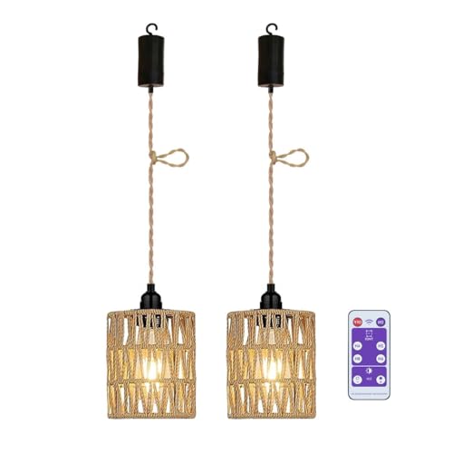 YIKEGE LICHT 2x Hängelampe mit Batterie Outdoor Batteriebetrieben Lampe Hängeleuchte Deckenlampe Ohne Stromanschluss Rattan Korb Lampenschirm Boho Hanfseil Lampen Glühbirne Ohne Strom Weihnachten Deko von YIKEGE LICHT