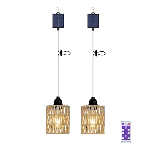 YIKEGE LICHT 2x Rattan Solar Hängelampe mit Batterie Wiederaufladbar Solarlampen Außen Hängeleuchte Hängend Korb Lampenschirm Deckenlampe ohne Strom für Garten Terrasse Balkon Camping Flur Geschenk von YIKEGE LICHT