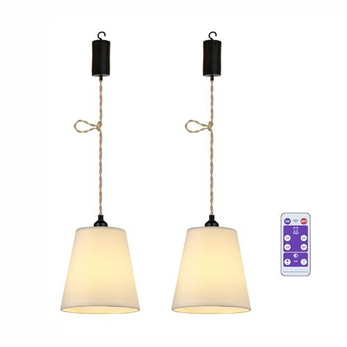 YIKEGE LICHT 2x Stoff Hängelampe mit Batterie Hanfseil Boho Lampe Akku Deckenlampe Ohne Strom Batteriebetriebene Deckenleuchte Hängeleuchte Hängelampen mit Glühbirne Lampenschirm Schlafzimmer Deko von YIKEGE LICHT