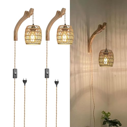 YIKEGE LICHT 2x Boho Wandlampe mit Stecker Schalter Holz Wandleuchte Kabel für Steckdose E27 Hängelampe Nachttisch Rattan Lampenschirm Nachttischlampe Flurlampe Wandstrahler Schlafzimmer Treppenhaus von YIKEGE LICHT