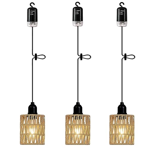 3x Boho Rattan Lampe Vintage Hängelampe mit Batterie Akku Glühbirne Hängeleuchte Deckenlampe ohne Strom Stromanschluss Außenbeleuchtung Außen Laternen Lampions Wetterfest für Garten Balkon Pavillon von YIKEGE LICHT