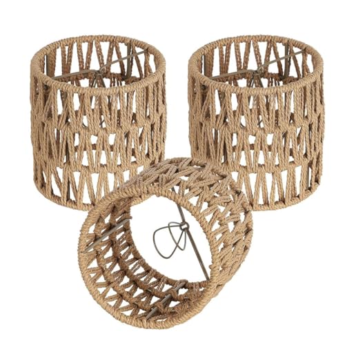 3x Clip-On Boho Rattan Lampenschirm mit Glühbirne Klammer Kronleuchter Hängelampe Stehlampe Papierlampenschirm Pendelleuchtenschirm Tischleuchte Ersatzschirm Zubehör für Deckenlampe Küche Insel Lampe von YIKEGE LICHT