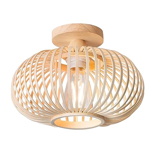 Boho Rattan Lampe Deckenleuchte Hängelampe Bambus - Vintage Holz Lampenschirm Deckenlampe Ø30cm E27 Badlampe Badezimmerlampe Holzlampe Industrielle Deckenleuchten für das Bad Küche Schlafzimmer Flur von YIKEGE LICHT