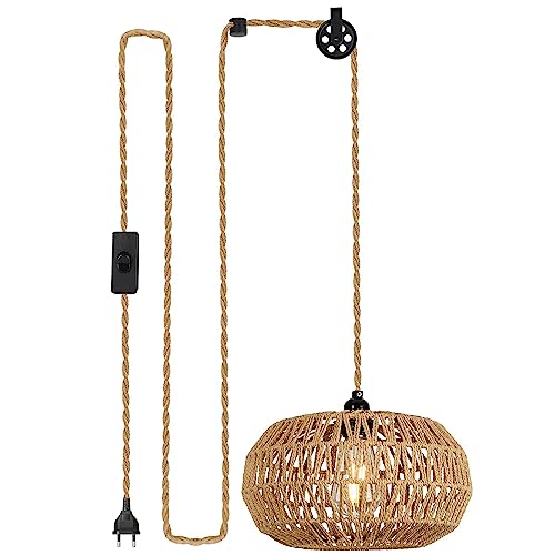 Boho Rattan Vintage Hängelampe Pendelleuchte mit Stecker Riemenscheibe - Seil Lampe Hängeleuchte für Steckdose - Hängend Deckenlampe Korblampen Schlafzimmer Wohnzimmer Textilkabel E27 Lampenfassung von YIKEGE LICHT