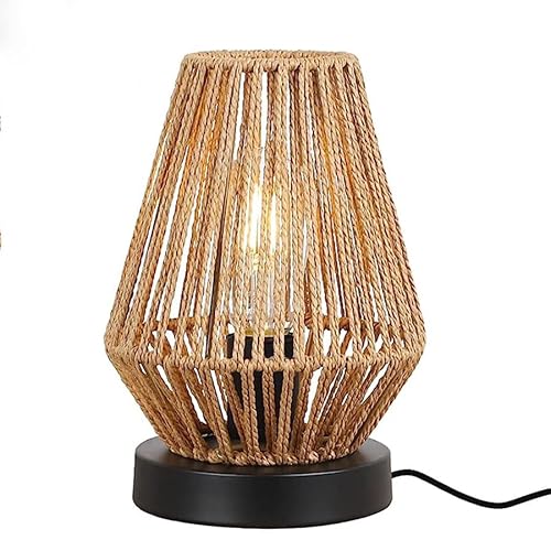 Boho Ratttan Tischlampe Nachttischlampe Schreibtischlampe Vintage Landhaus Nachttisch Lampe Leselampe mit Schalter Korb Lampenschirm Retro Deko E27 Stehlampe Stehleuchte für Schlafzimmer Wohnzimmer von YIKEGE LICHT