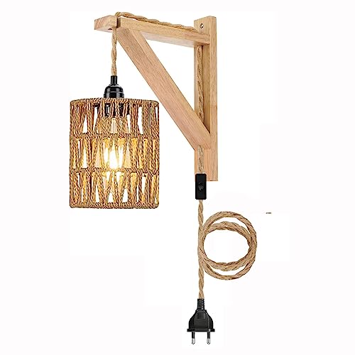 Boho Vintage Lampe Wandlampe Wandleuchte mit Stecker Schalter Kinderzimmer Schlafzimmer Korb Rattan Lampenschirm Led Leselampe Wandmontage E27 Fassung Steckdose Kabellos für das Bad Innen Außen Flur von YIKEGE LICHT