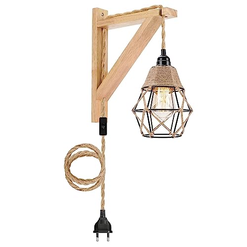 Industrial Vintage Plug in Wandlampe 1 Flammige Wandleuchte - Retro Wandleuchte Innen aus Holz Metall Wohnzimmerlampe Flurlampe Schwarze Lampe mit Hanfseil Textilkabel Schalter Stecker E27 Fassung von YIKEGE LICHT